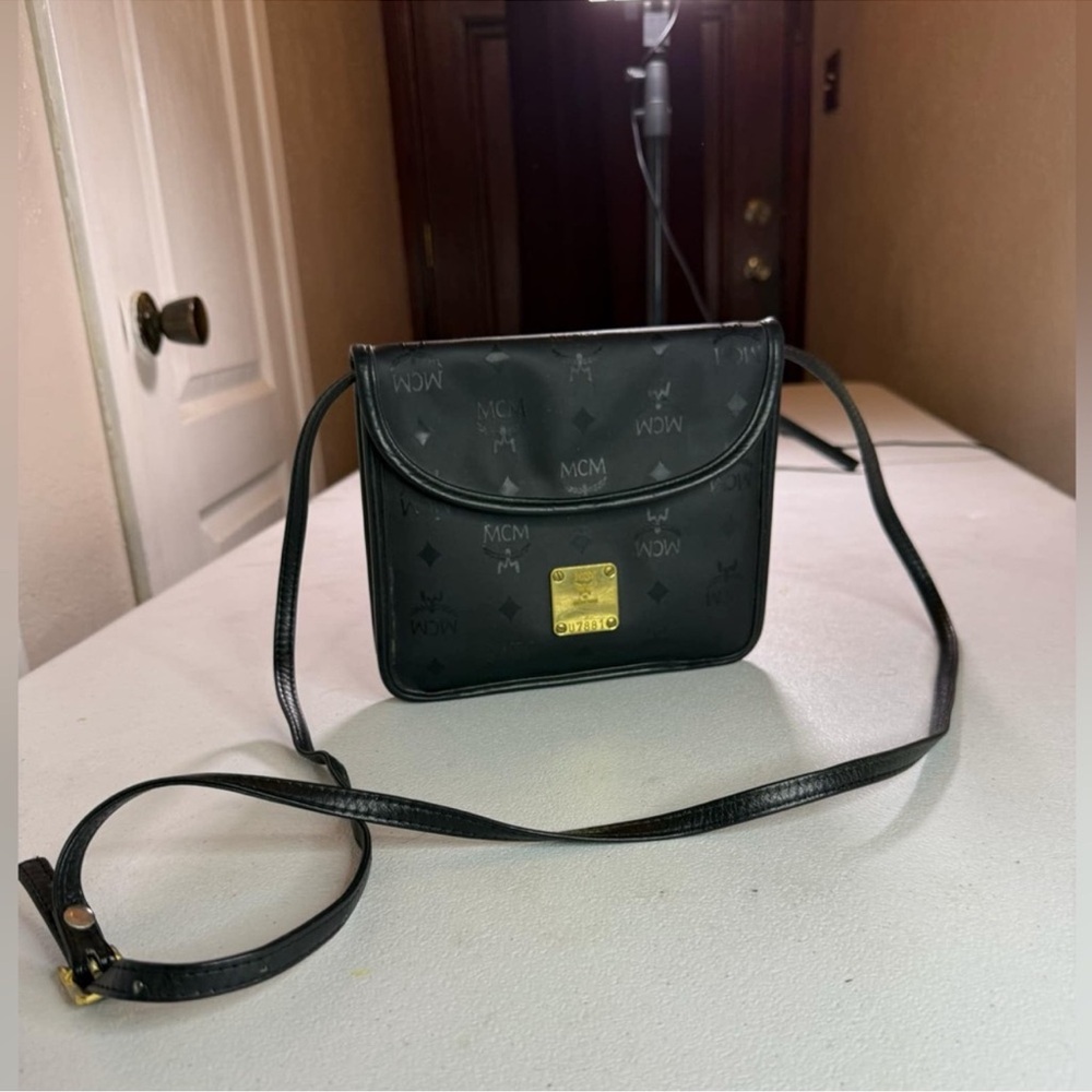 MCM Black Leather Crossbody Shoulder Bag with Gold Plaque